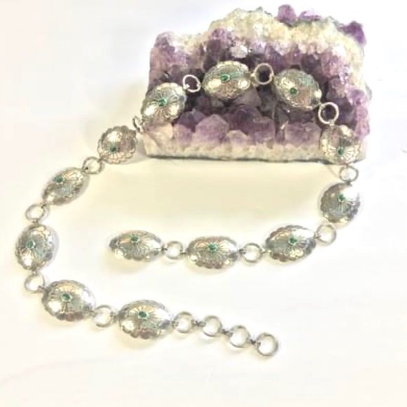 Vintage Navajo Handmade Concho Stamped Sterling Silver Malachite Belt Med Adjust - Picture 4 of 15